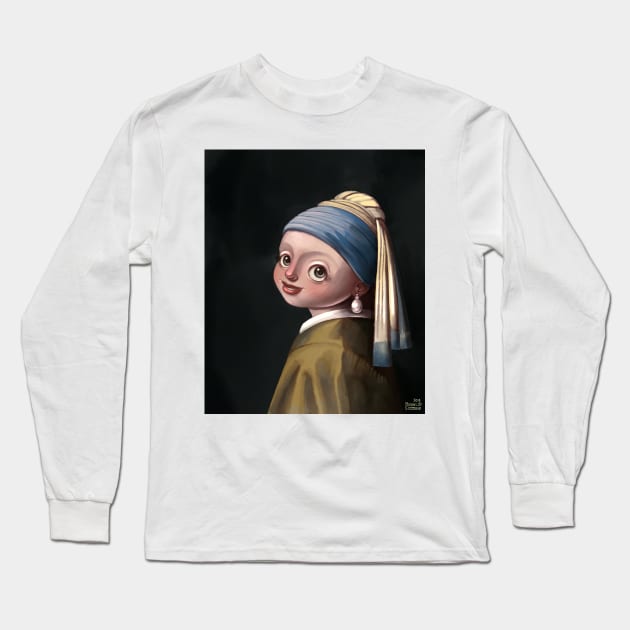 Cute Version of Girl with a Pearl Earring Masterpiece Art History Gift Long Sleeve T-Shirt by basselelkadi